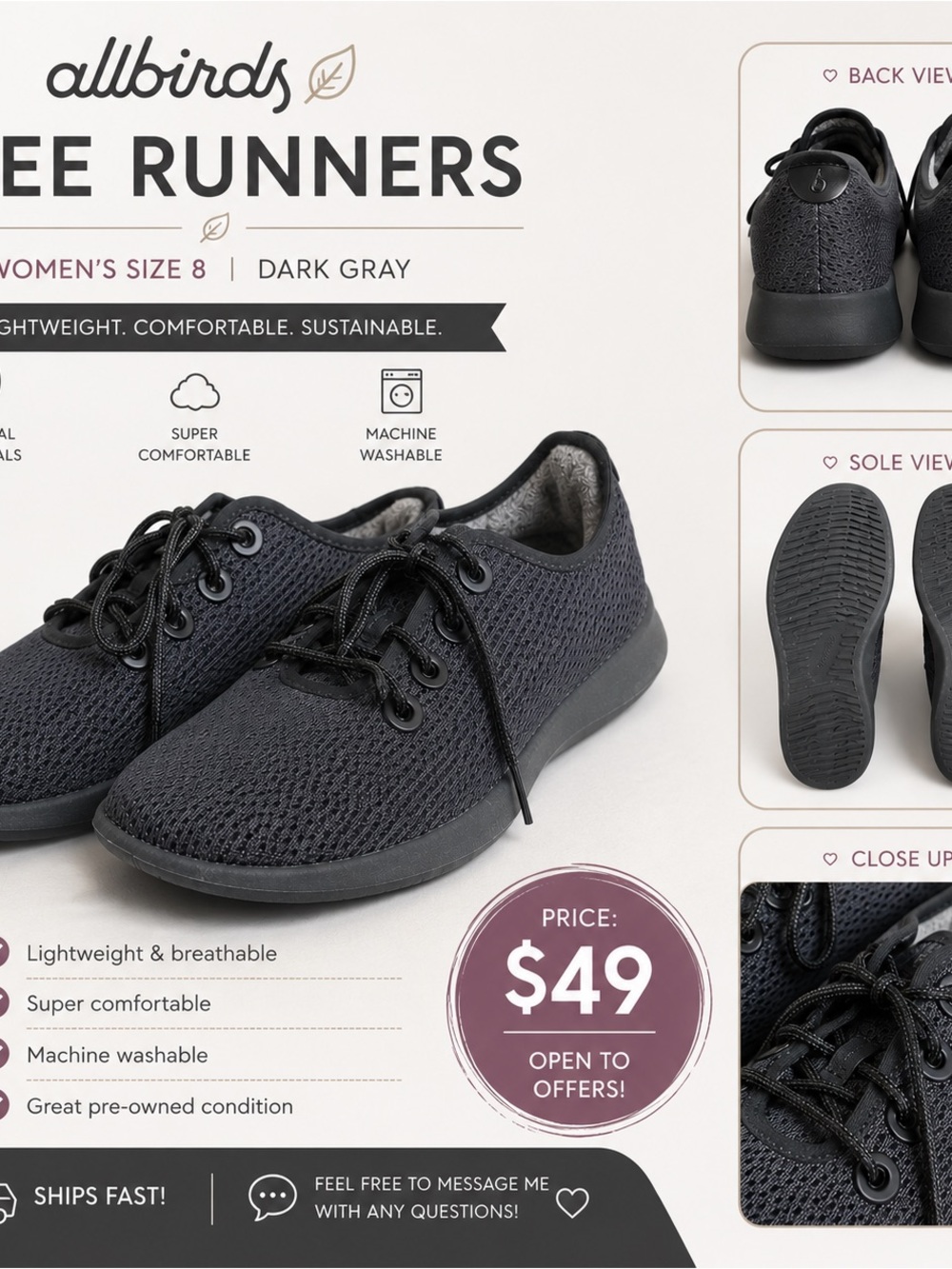 Allbirds Women’s Dark Gray Tree Runners - Lightweight Knit Sneakers